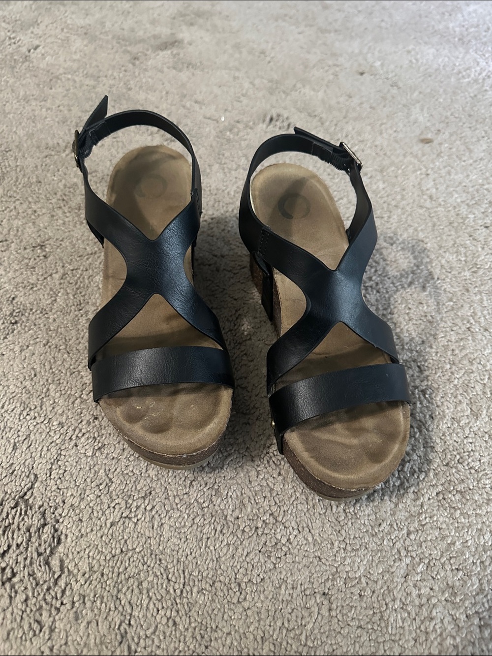 Women's Black Leather Cross-Strap Wedge Sandals